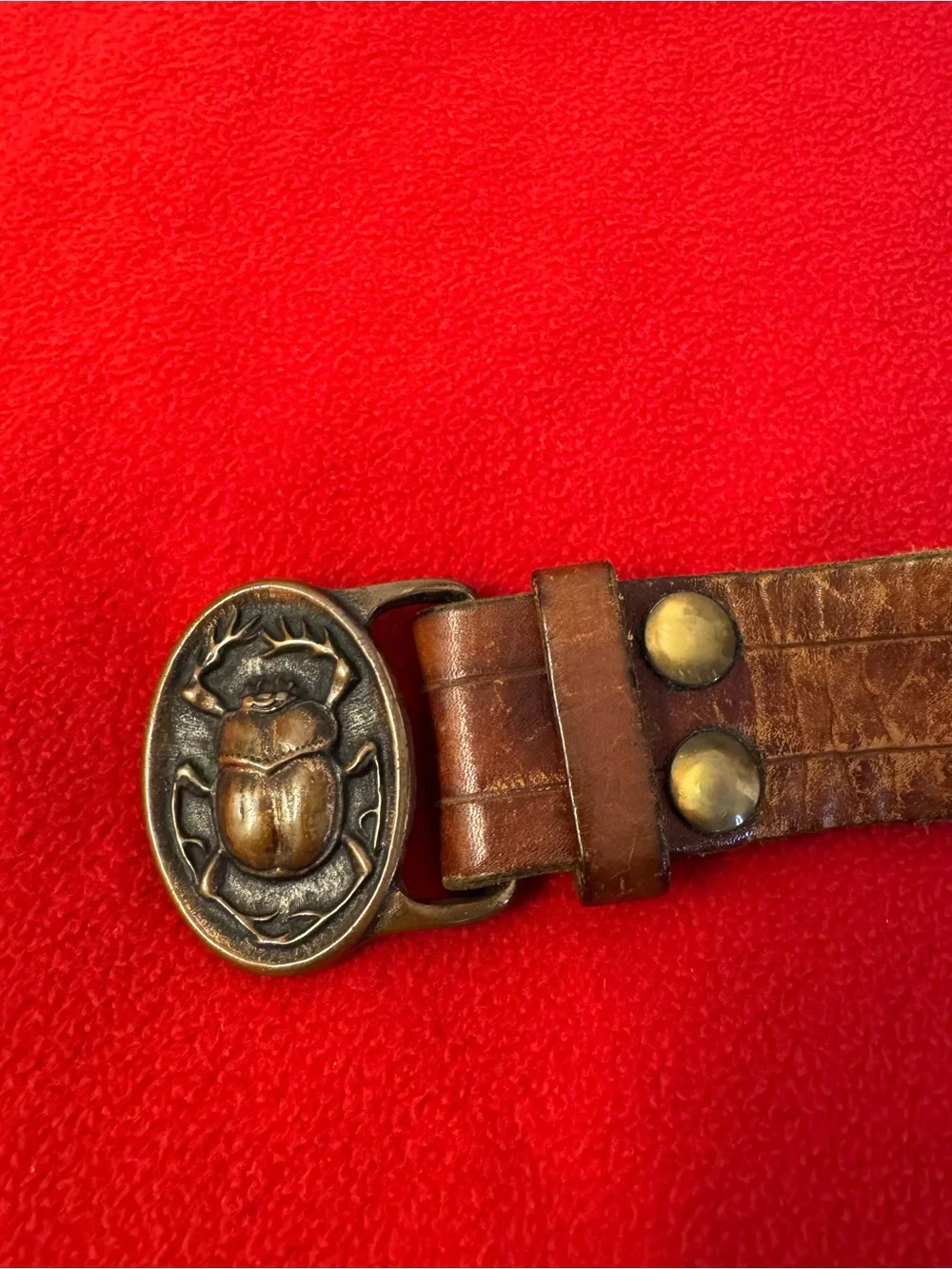 Vintage 75 Tech Ether Guild solid brass Scarab beetle Brown Leather belt